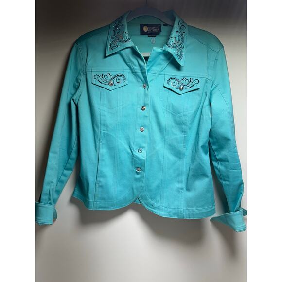 Christine Alexander Jacket Blazer Women’s M Teal Rhinestone Embellished Bling - Picture 5 of 12
